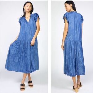 NWT Current Air Floral Jacquard Maxi Dress Flutter Sleeve Blue Size Small